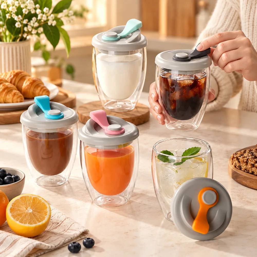 Double Layer Glass Cup With Lid