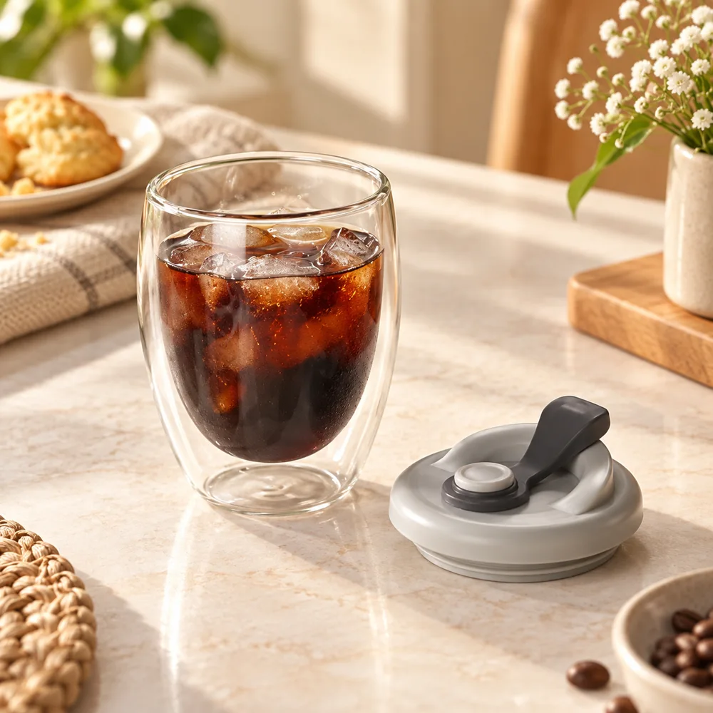 Double Layer Glass Cup With Lid close view