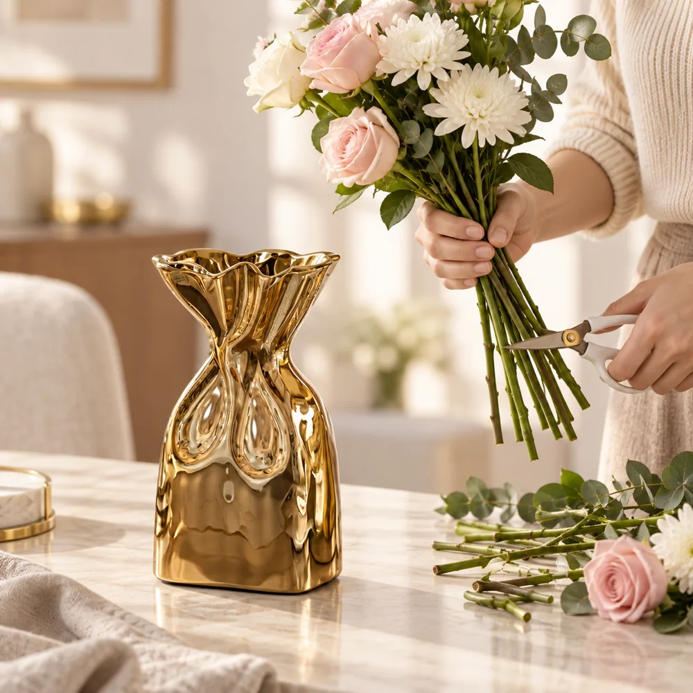 Golden Bag Flower Vase close view