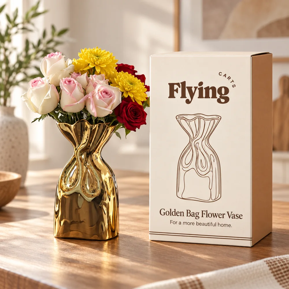 Golden Bag Flower Vase styled view