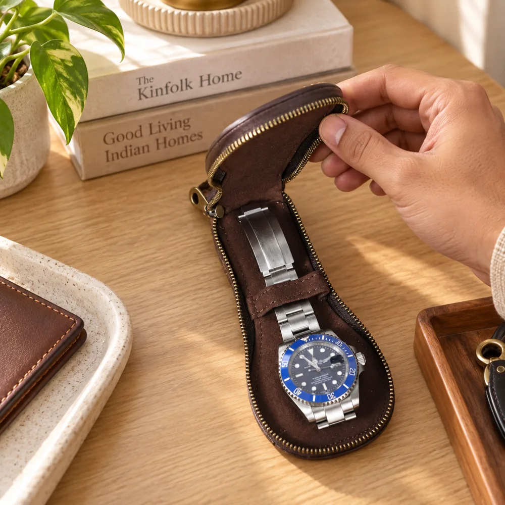 Vintage Leather Watch Sleeve — Everyday setup