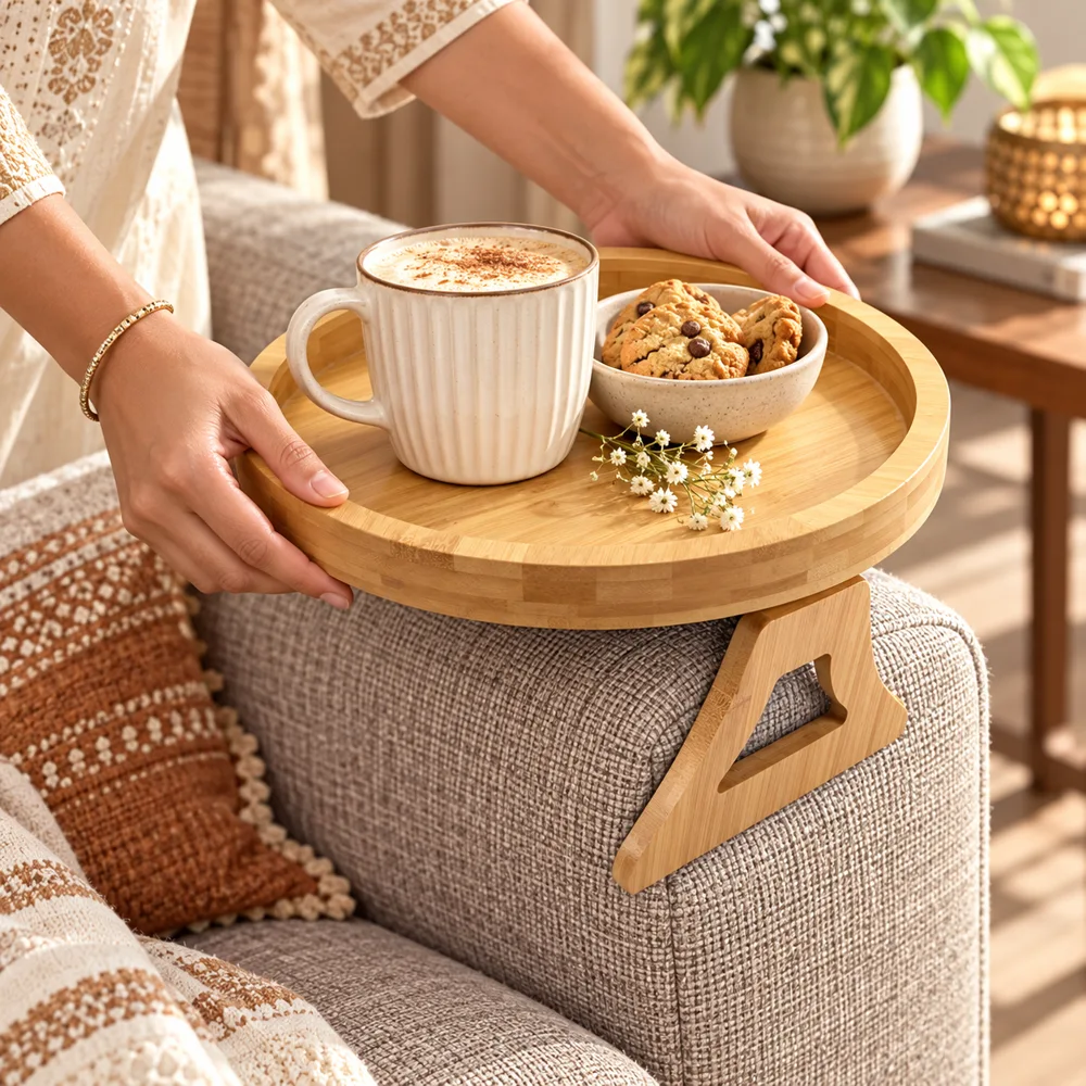 Bamboo Sofa Tray — Everyday setup