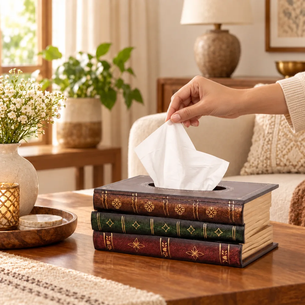 Antique Wooden Book Tissue Holder — Everyday setup