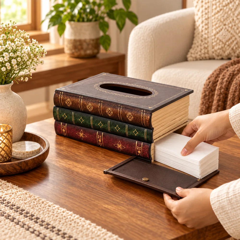 Antique Wooden Book Tissue Holder — Form and function