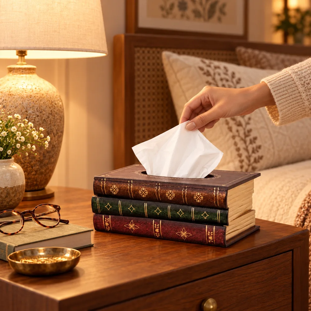 Antique Wooden Book Tissue Holder — Ready for your space