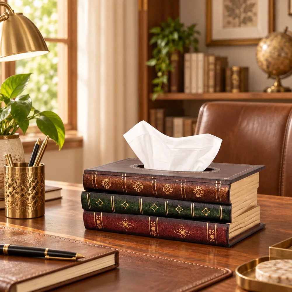 Antique Wooden Book Tissue Holder close view