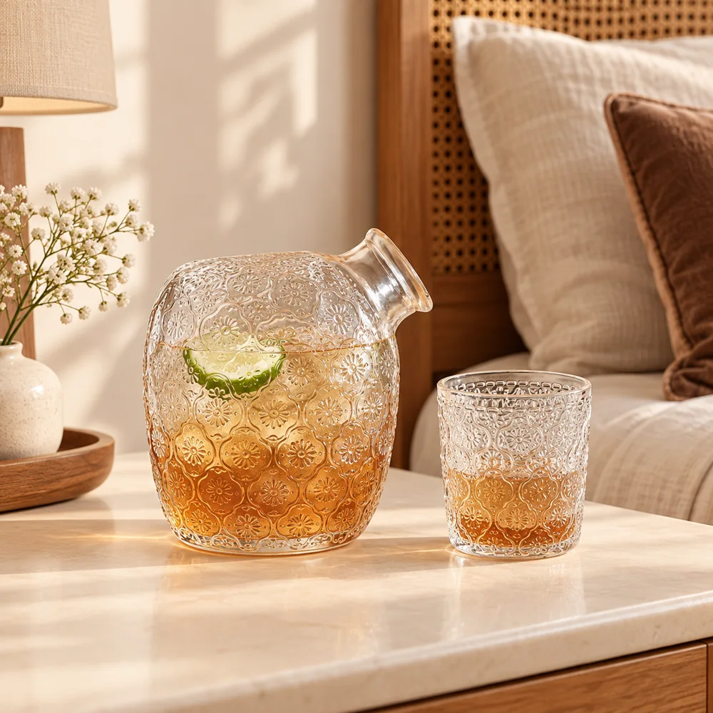 Begonia Embossed Bedside Carafe Set (540 ml Carafe & 145 ml Glass)