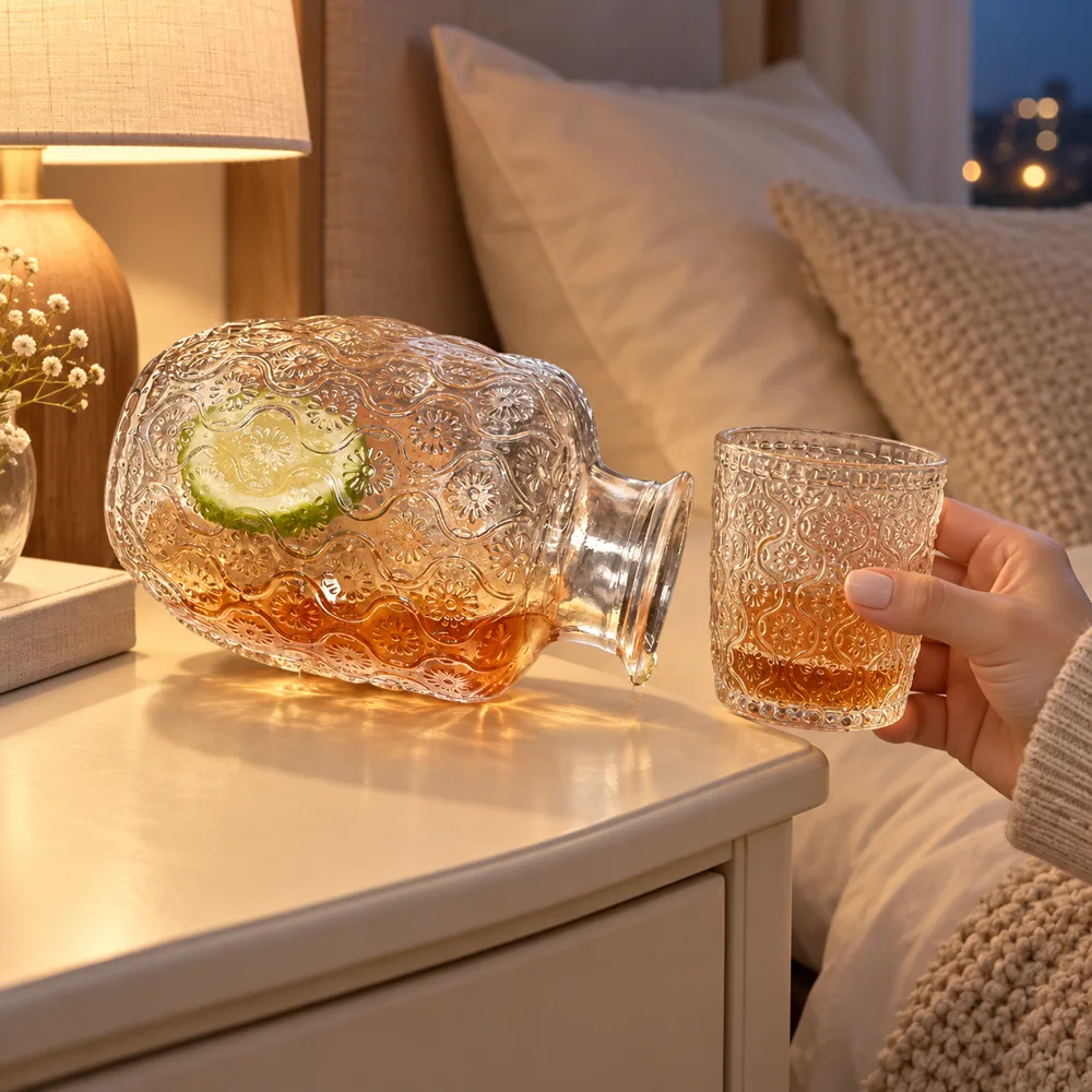 Begonia Embossed Bedside Carafe Set (540 ml Carafe & 145 ml Glass) — Everyday setup