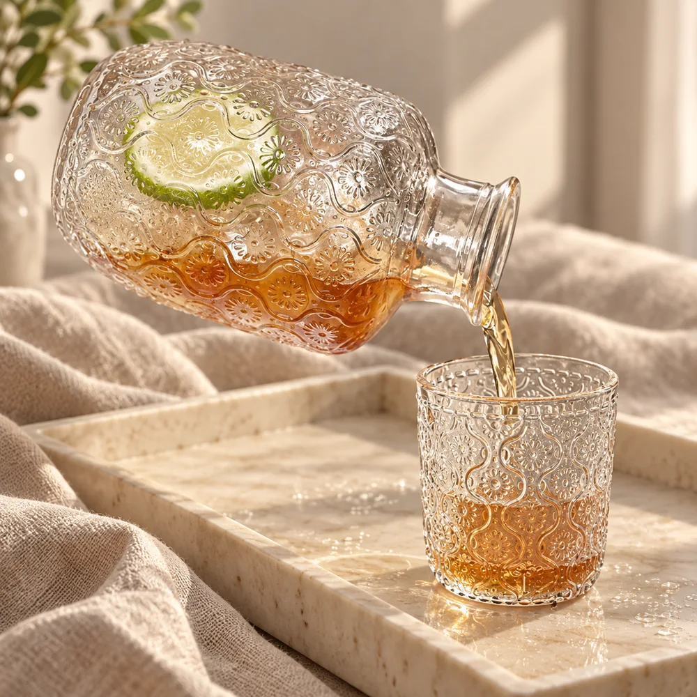 Begonia Embossed Bedside Carafe Set (540 ml Carafe & 145 ml Glass) — Form and function