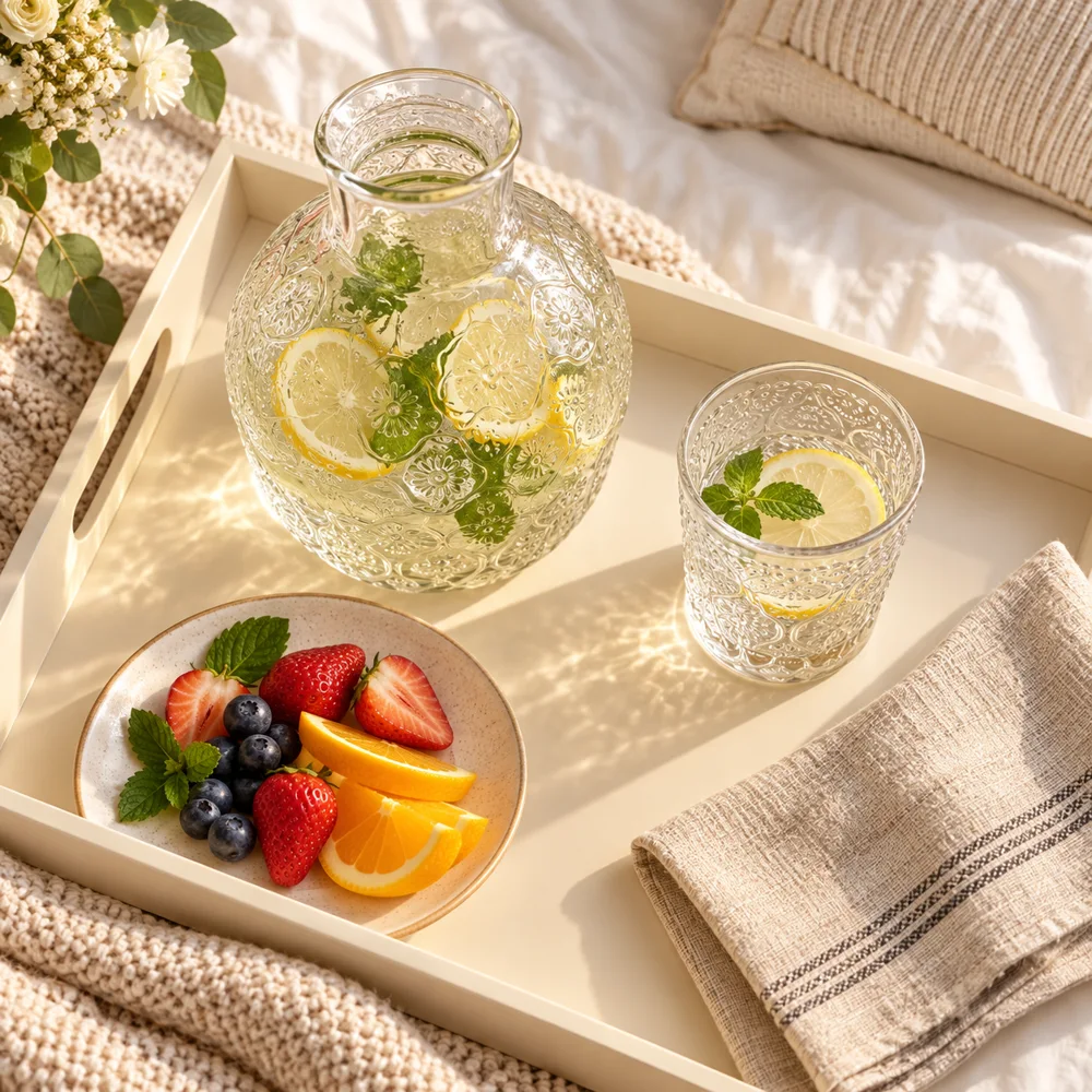 Begonia Embossed Bedside Carafe Set (540 ml Carafe & 145 ml Glass) — Ready for your space