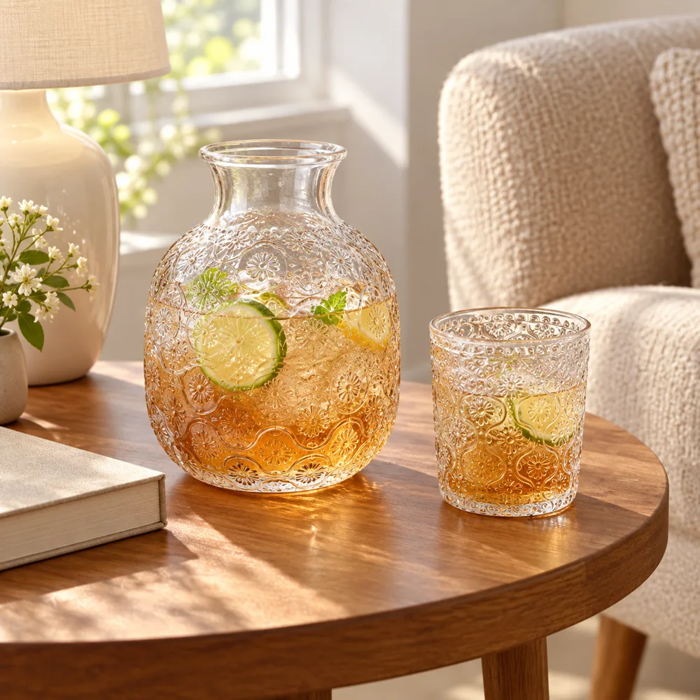 Begonia Embossed Bedside Carafe Set (540 ml Carafe & 145 ml Glass) close view
