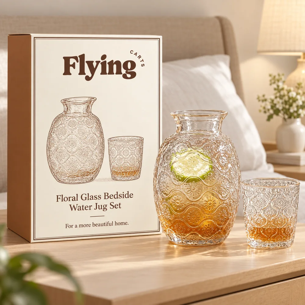 Begonia Embossed Bedside Carafe Set (540 ml Carafe & 145 ml Glass) styled view