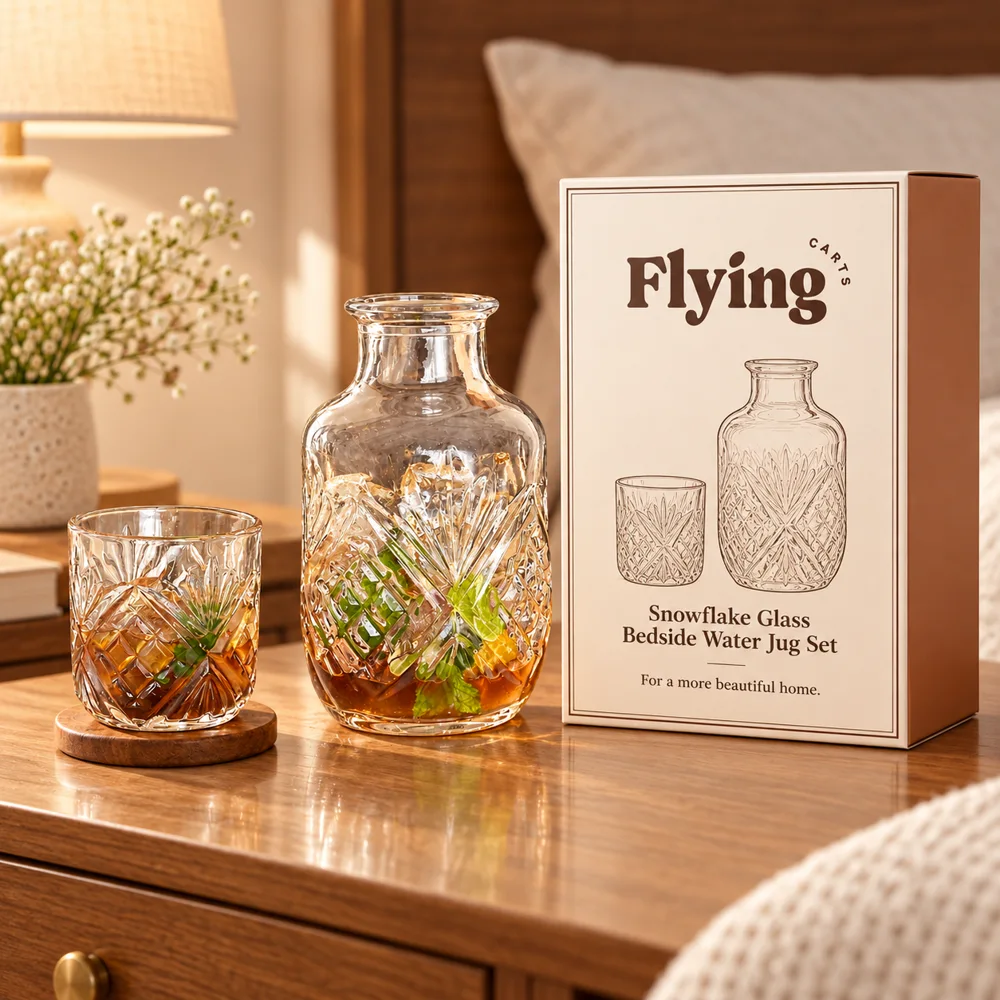 Iceflower Bedside Carafe Set (540 ml Carafe & 145 ml Glass) styled view
