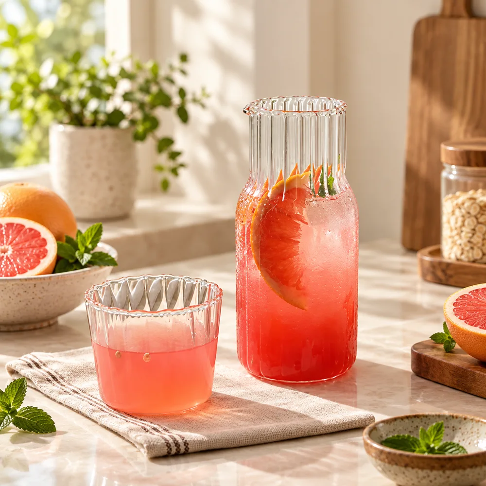 Ribbed Bedside Carafe & Glass (600 ml Carafe & 200 ml Glass)
