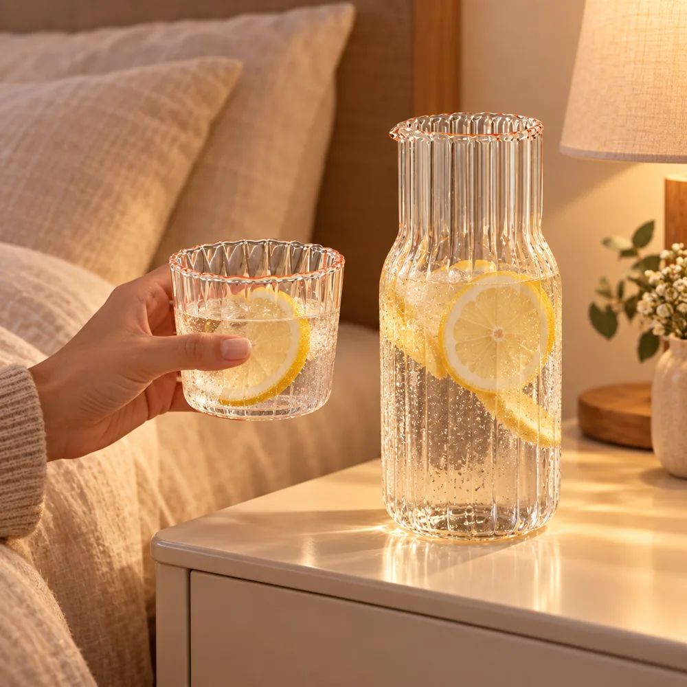 Ribbed Bedside Carafe & Glass (600 ml Carafe & 200 ml Glass) in use