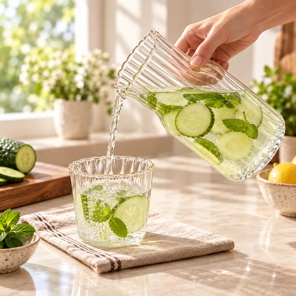 Ribbed Bedside Carafe & Glass (600 ml Carafe & 200 ml Glass) — Form and function