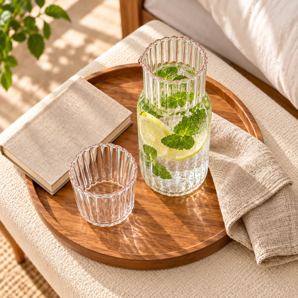 Ribbed Bedside Carafe & Glass (600 ml Carafe & 200 ml Glass) — Ready for your space