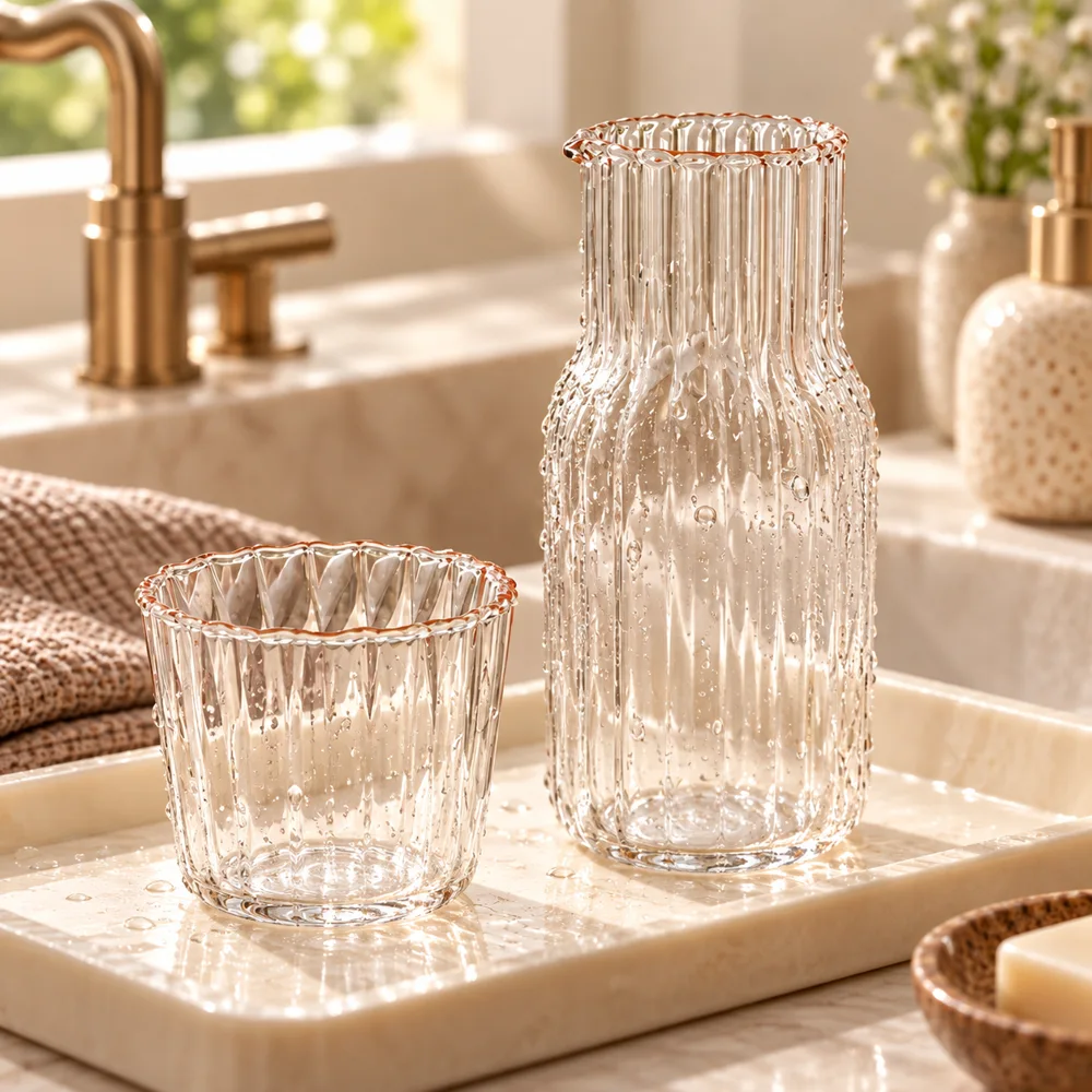 Ribbed Bedside Carafe & Glass (600 ml Carafe & 200 ml Glass) close view
