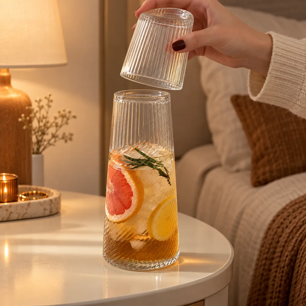 Linear Ribbed Bedside Carafe Set (Carafe & Glass) in use