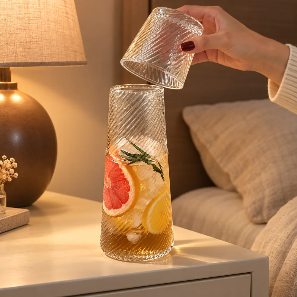 Diagonal Ribbed Bedside Carafe Set (Carafe & Glass) — Everyday setup