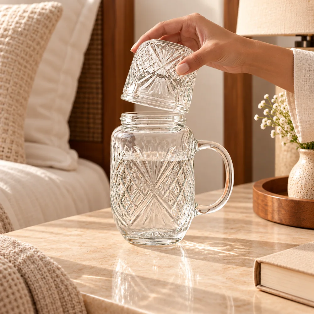 Sunburst Embossed Carafe Set (540 ml Carafe & Glass) in use