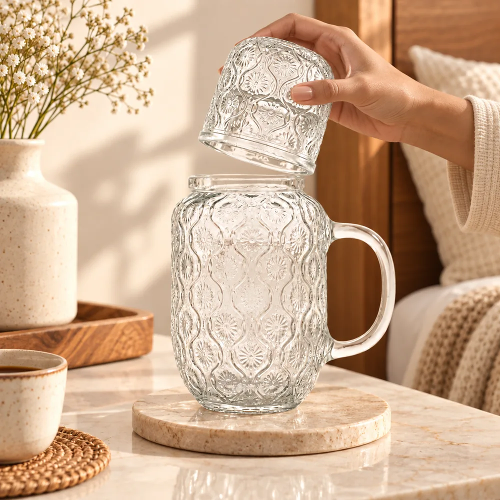 Orbit Embossed Carafe Set (540 ml Carafe & Glass) in use