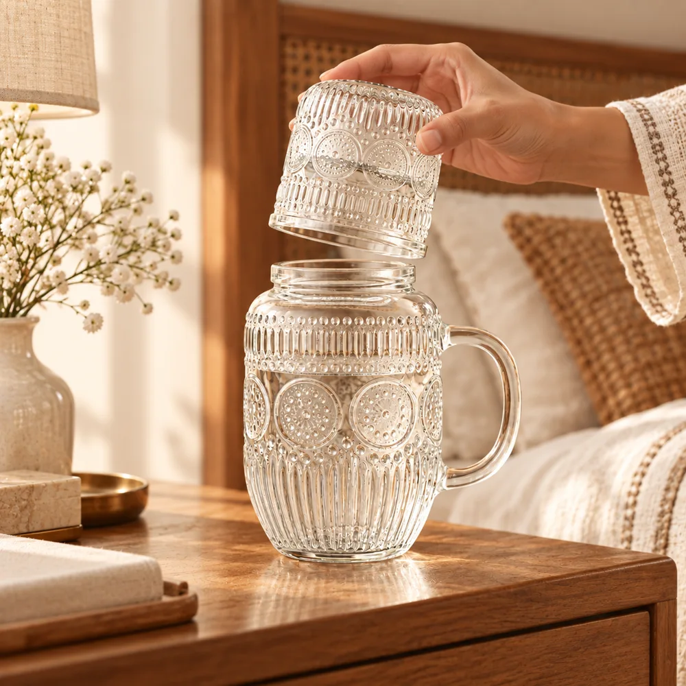 Linear Glass Carafe Set (540 ml Carafe & Glass) in use