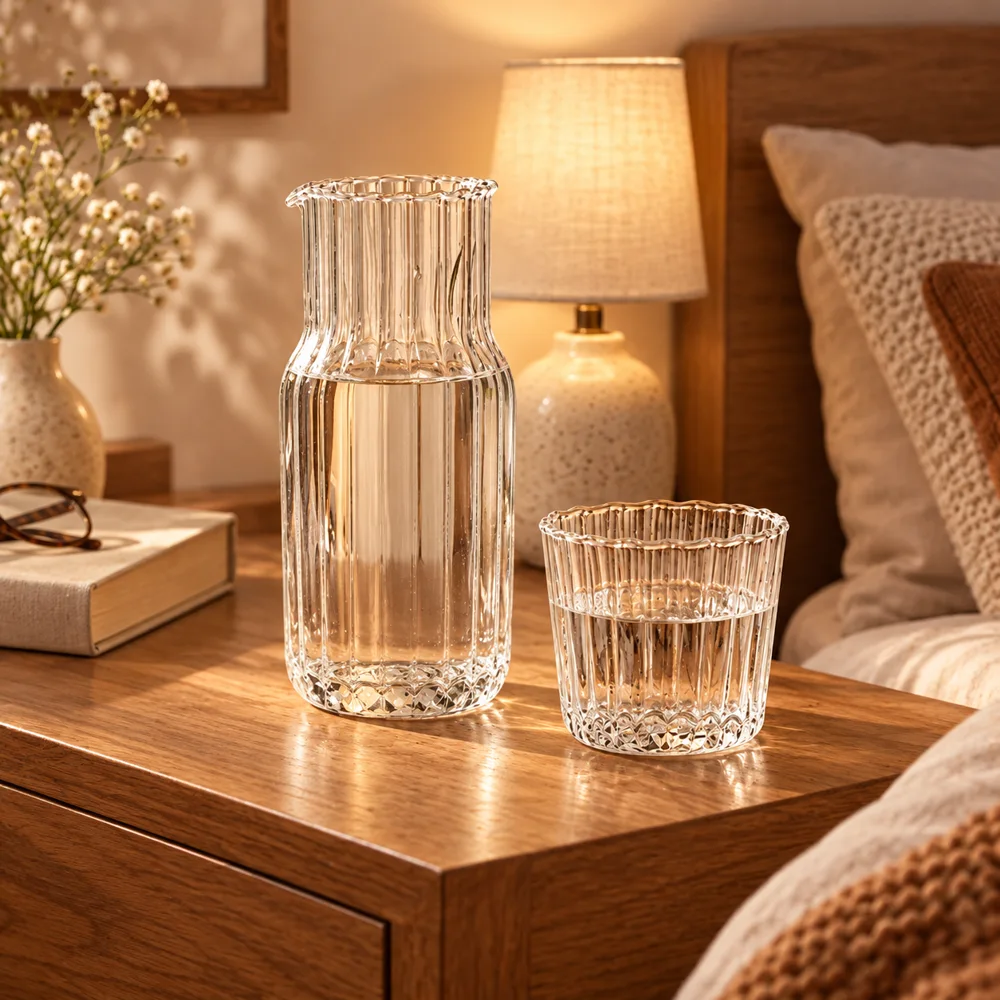 Compact Bedside Carafe & Glass (Large Carafe & Glass) — Everyday setup