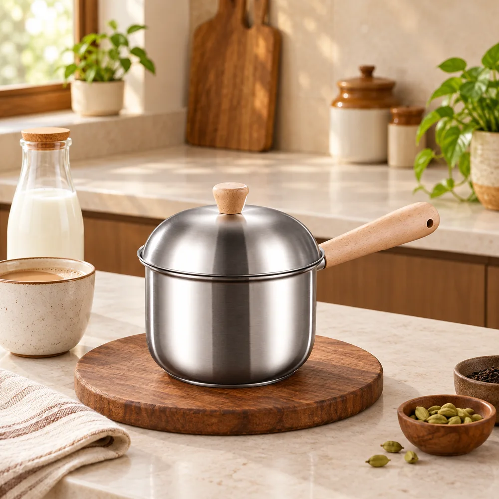 Beech handle Lidded Steel Milk Pan (400 ml & Lid)