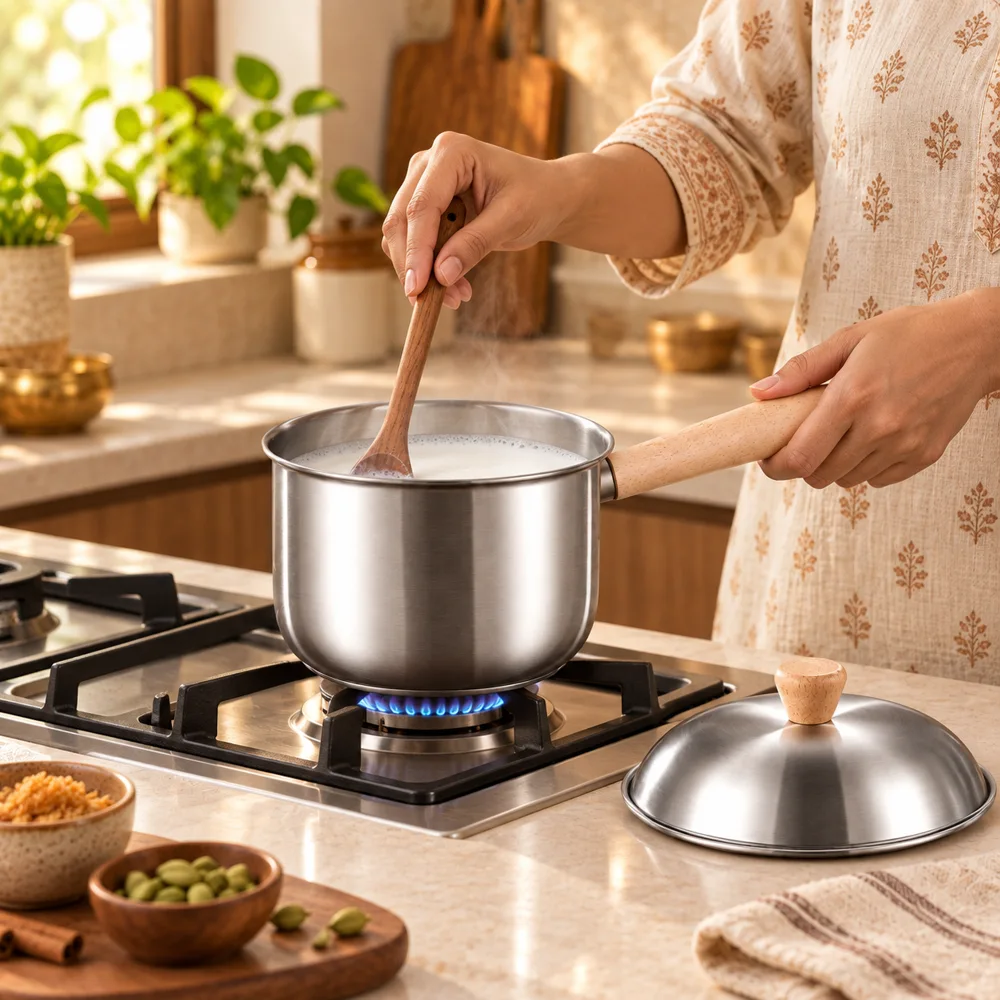 Beech handle Lidded Steel Milk Pan (400 ml & Lid) in use