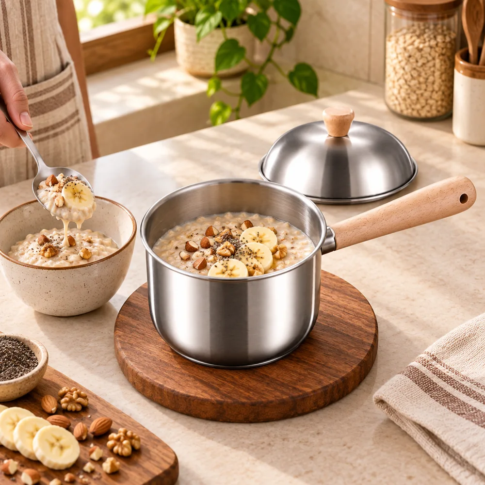 Beech handle Lidded Steel Milk Pan (400 ml & Lid) — Form and function