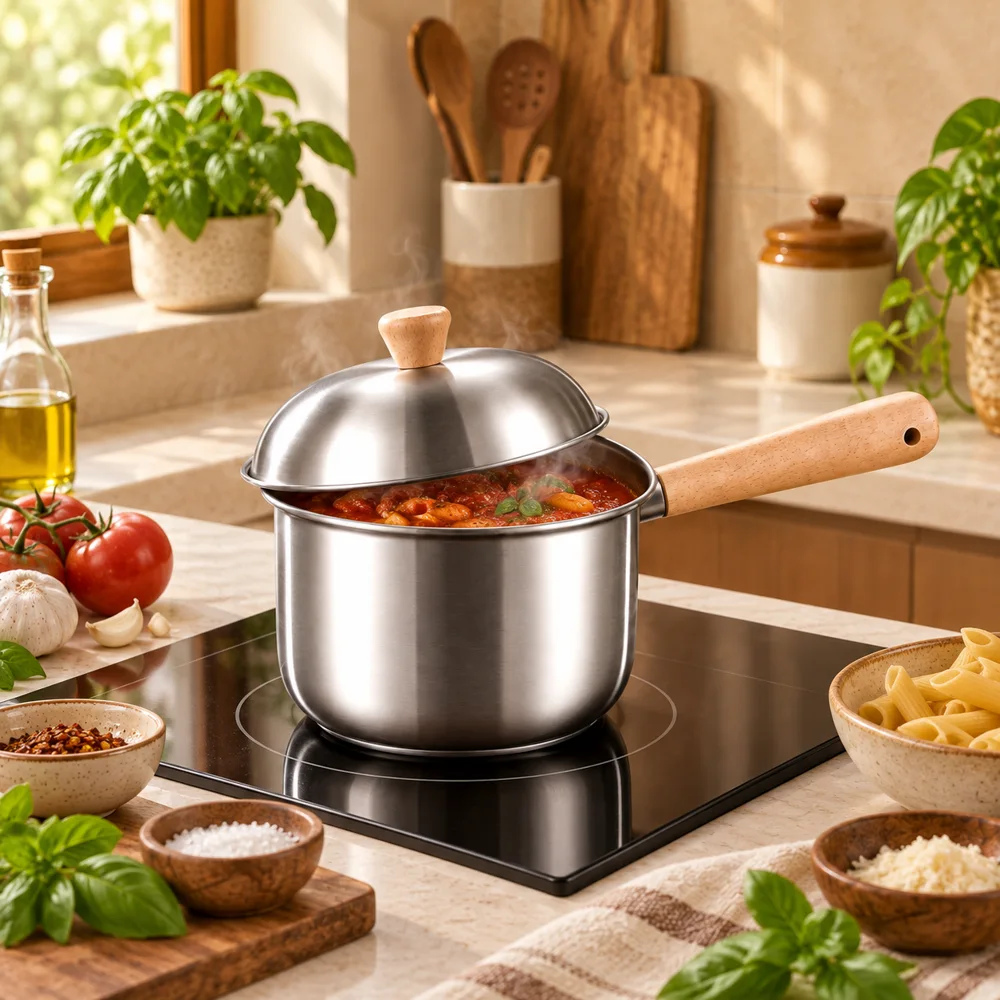 Beech handle Lidded Steel Milk Pan (400 ml & Lid) — Ready for your space