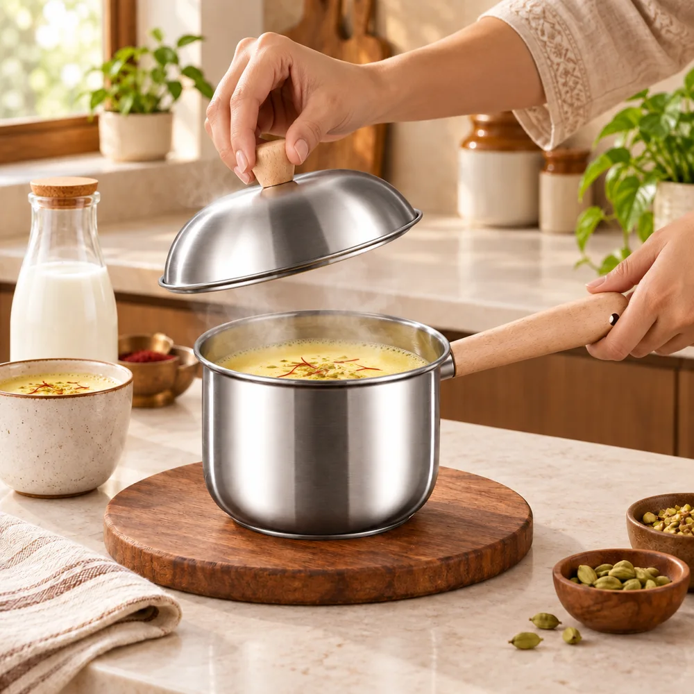 Beech handle Lidded Steel Milk Pan (400 ml & Lid) close view