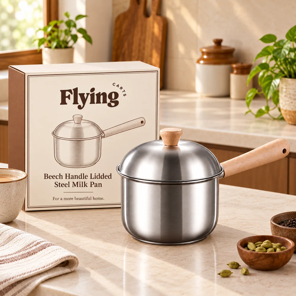 Beech handle Lidded Steel Milk Pan (400 ml & Lid) styled view