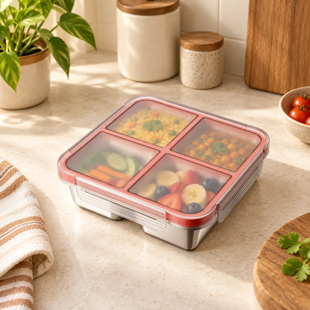 Divided Stainless Steel Lunch Box (4 Compartments)