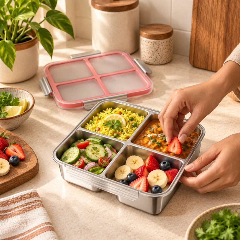Divided Stainless Steel Lunch Box (4 Compartments) — Everyday setup