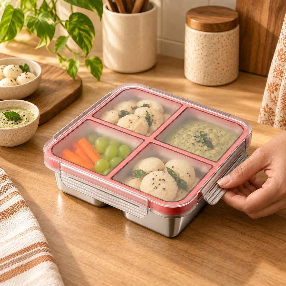 Divided Stainless Steel Lunch Box (4 Compartments) close view