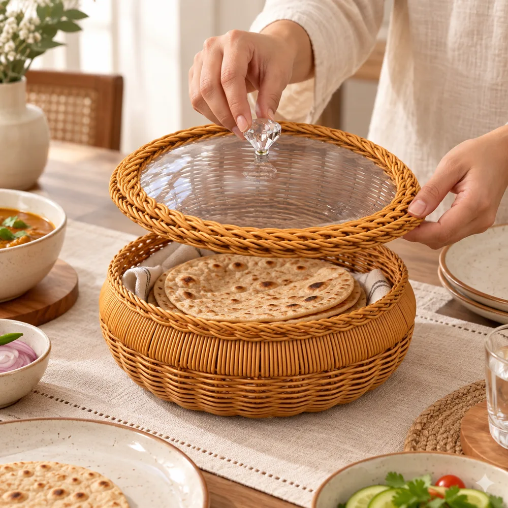 Round Lidded Woven Basket (30 × 11 cm) in use