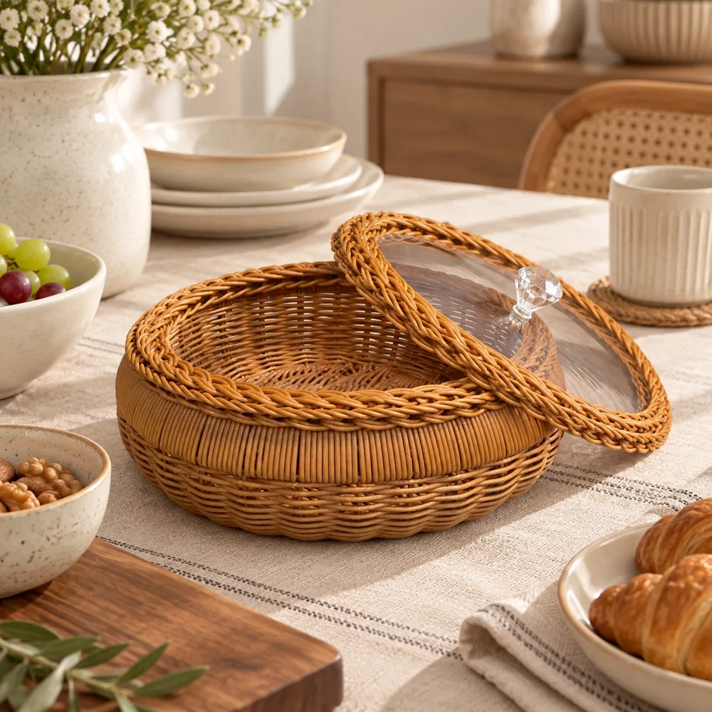 Round Lidded Woven Basket (30 × 11 cm) close view
