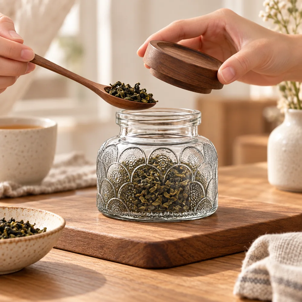 Vintage Floral Glass Storage Jars (650 ml) in use