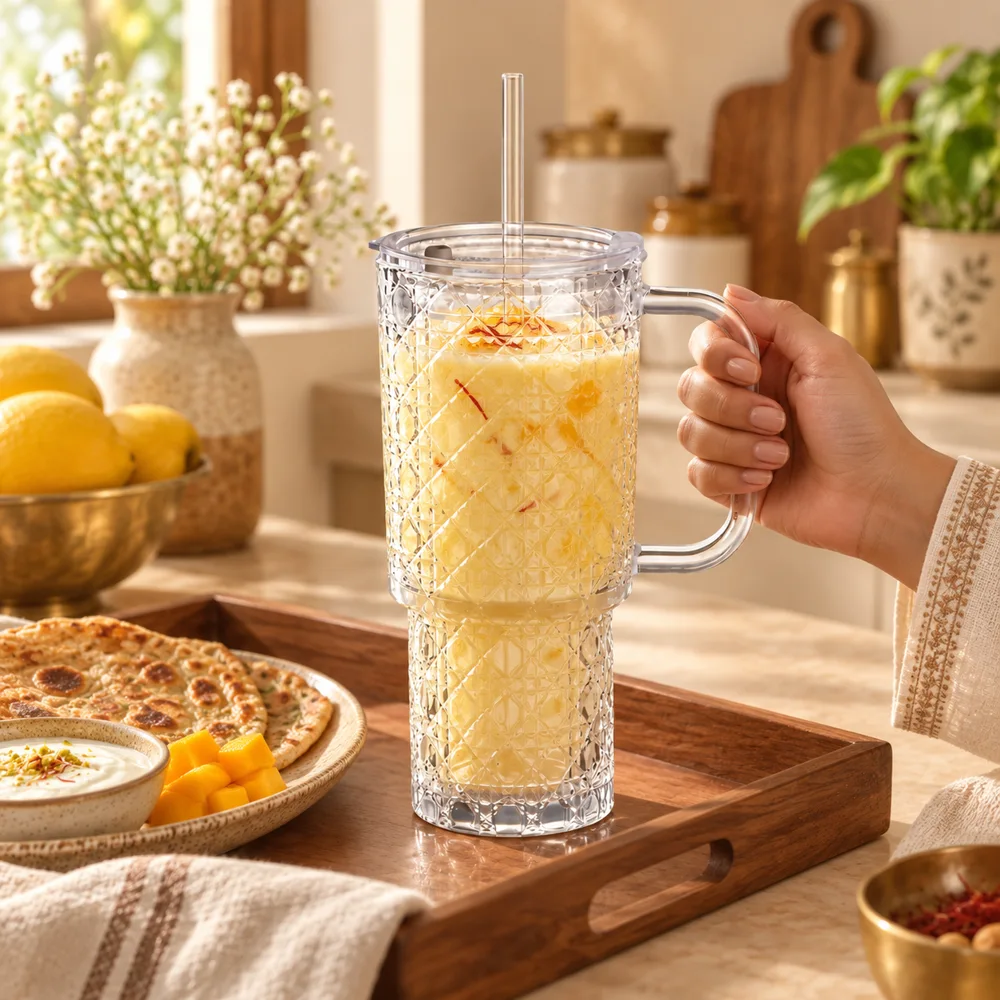 Gem-Cut Handle & Straw Tumbler (750 ml) — Everyday setup