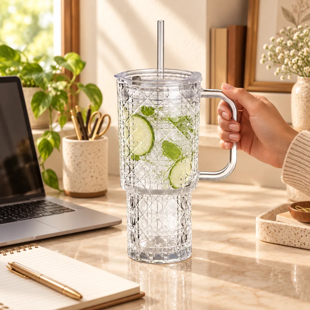 Gem-Cut Handle & Straw Tumbler (750 ml) — Ready for your space