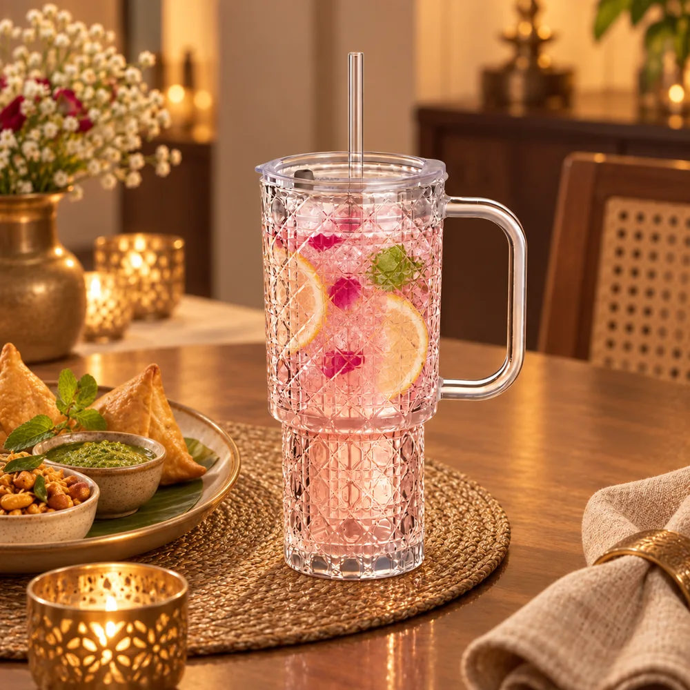 Gem-Cut Handle & Straw Tumbler (750 ml) close view