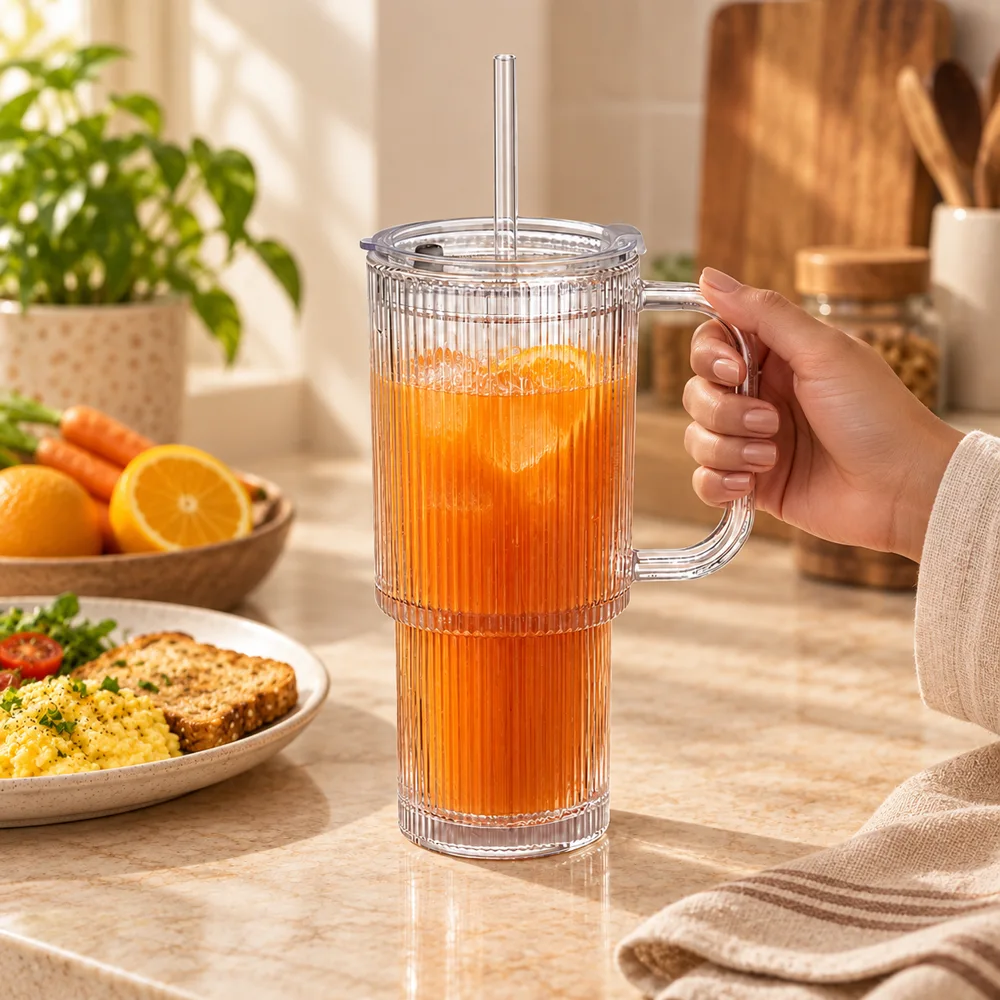 Fluted Handle & Straw Tumbler (750 ml) — Everyday setup