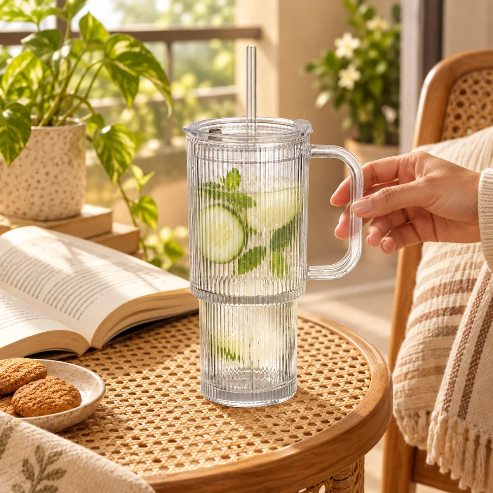 Fluted Handle & Straw Tumbler (750 ml) — Ready for your space