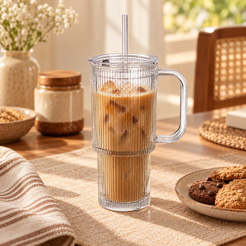 Fluted Handle & Straw Tumbler (750 ml) close view