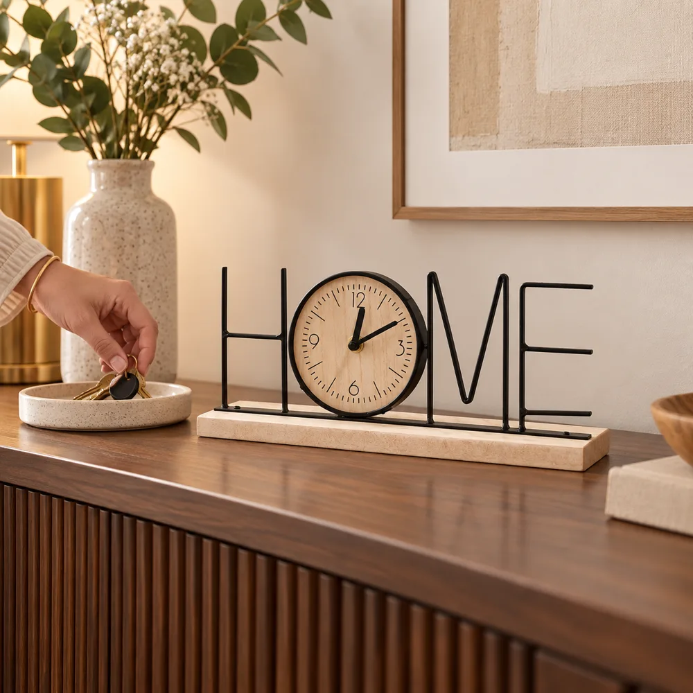 HOME Letter Table Clock — Everyday setup