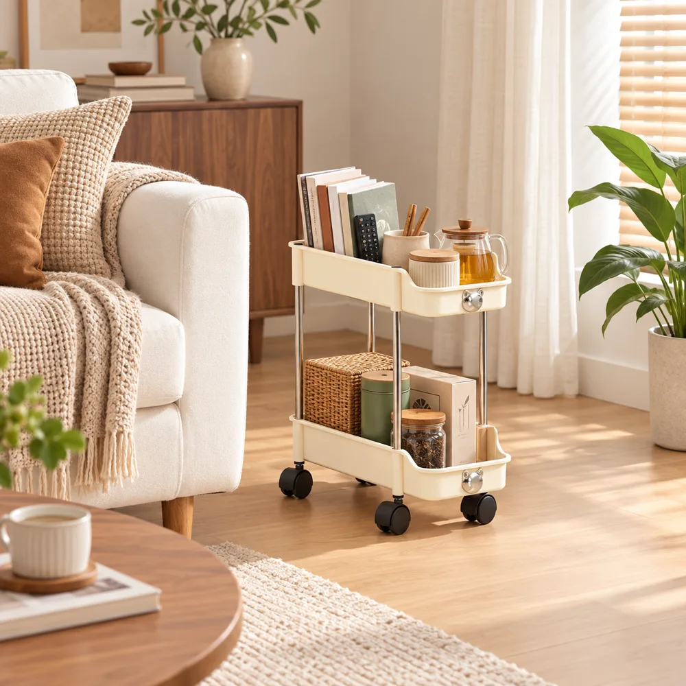 Cream Slim Storage Trolley (2 Tiers)
