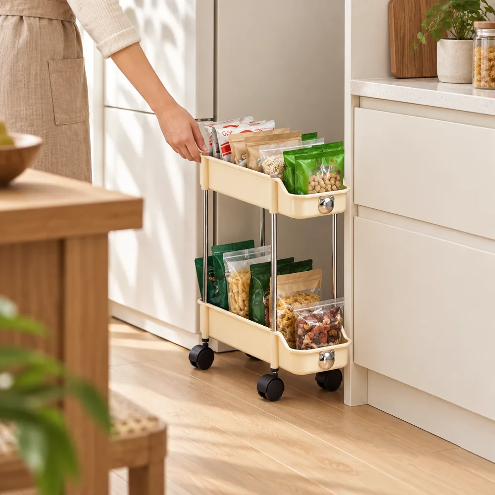 Cream Slim Storage Trolley (2 Tiers) in use