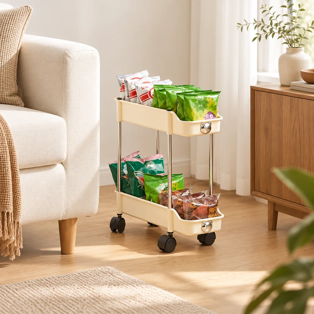 Cream Slim Storage Trolley (2 Tiers) close view